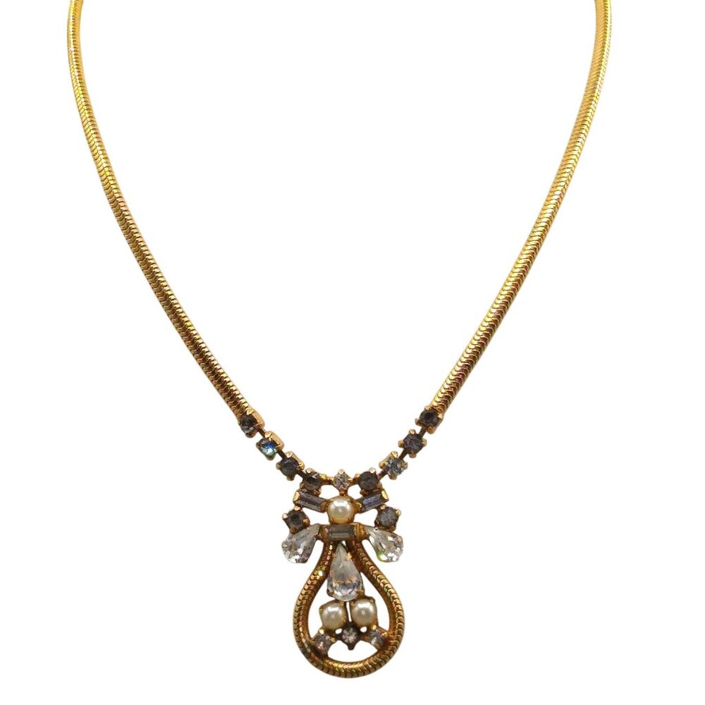 Vintage Leo Glass Crystal Necklace, Gold Tone Snake Chain with Clear Crystals
